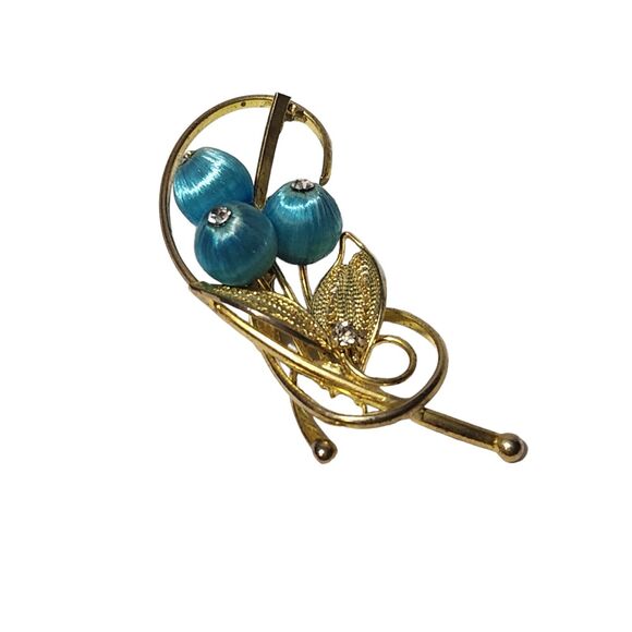 VTG 60s LARGE FLORAL BROOCH TEAL BLUE BERRIES GOLD FILIGREE LEAF BRIDAL WEDDING - Picture 1 of 5